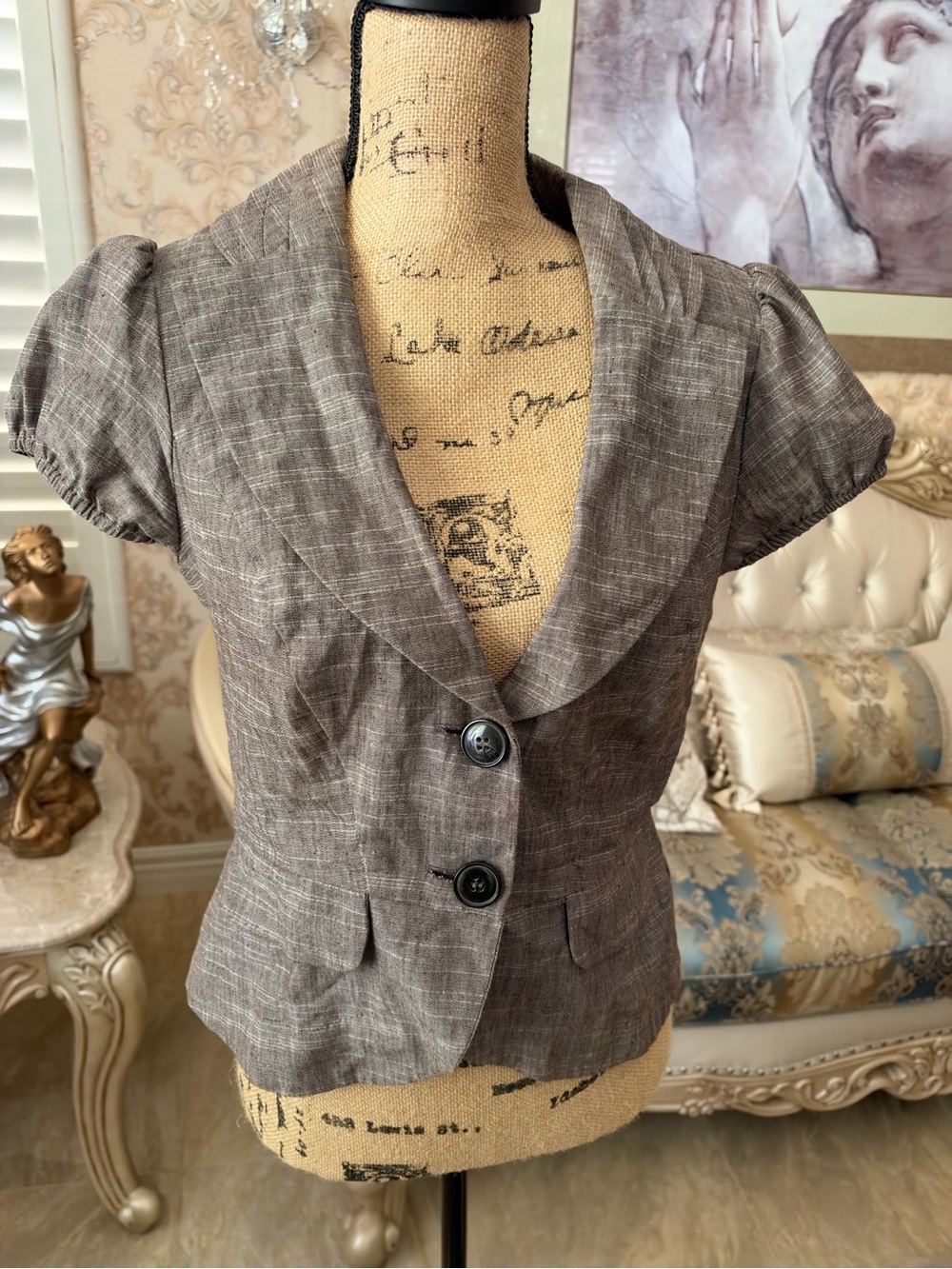 My Michelle Short-Sleeve Shawl Collar Blazer in Heathered light brown